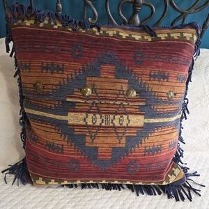 Silverado Home 21x21 Aztec Pattern Pillow Woven with Blue Fringe Button Closure